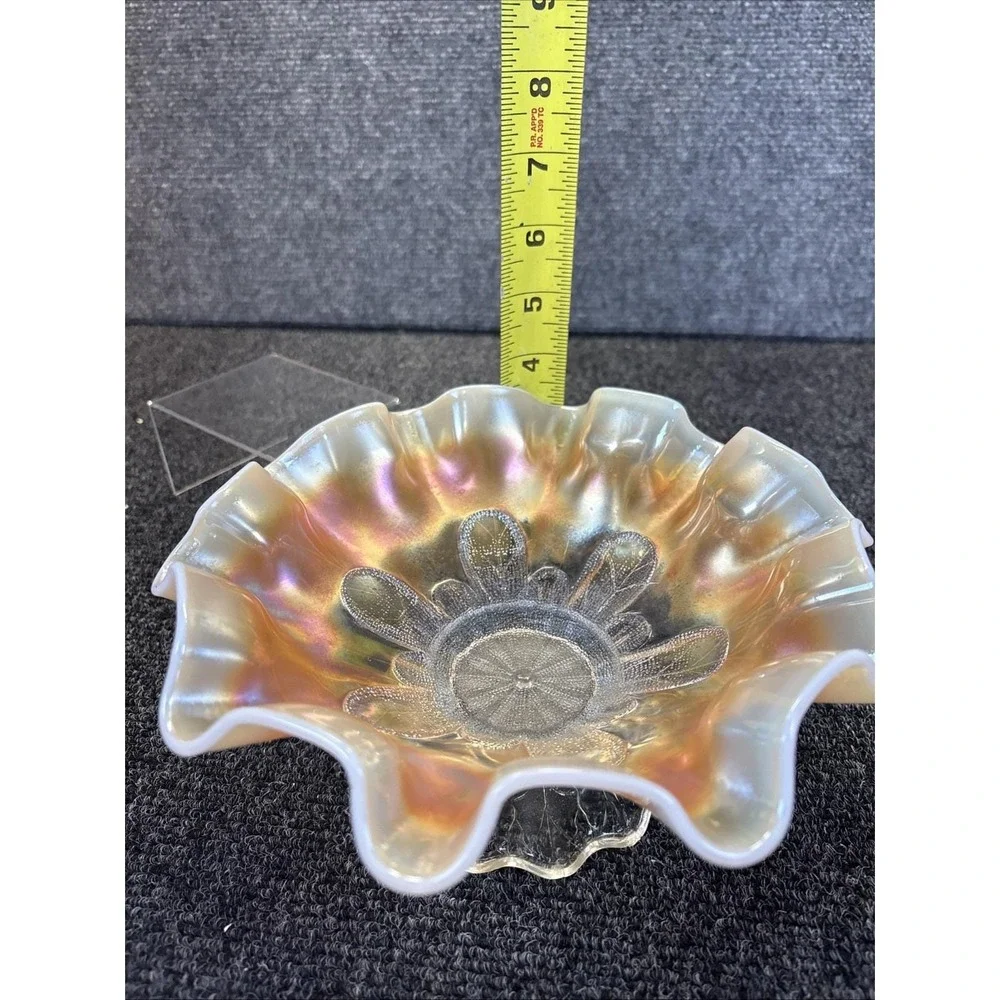 Vtg~Carnival Glass~Dugan Clear Glass Peach Opalescent Bowl w Leaf Pedestal